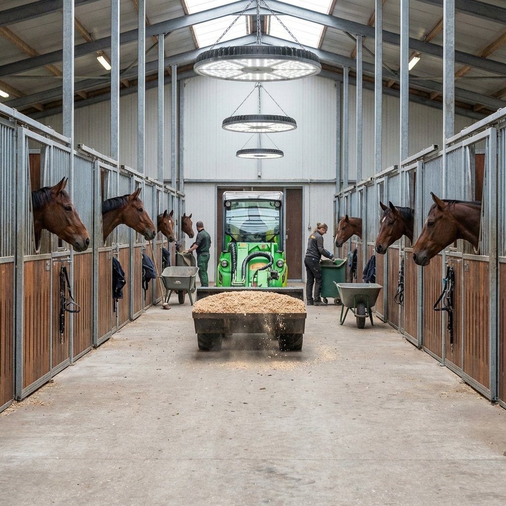 Hyperrealistic product photography of a busy commercial horse stable aisle, mini articulated loader moving bedding, horses standing calmly in horse stalls with sliding doors, clean concrete floor, industrial lighting, efficient agricultural setting, photorealistic, focus on horse stable infrastructure, --ar 16:9 --no text --no letters --no signage