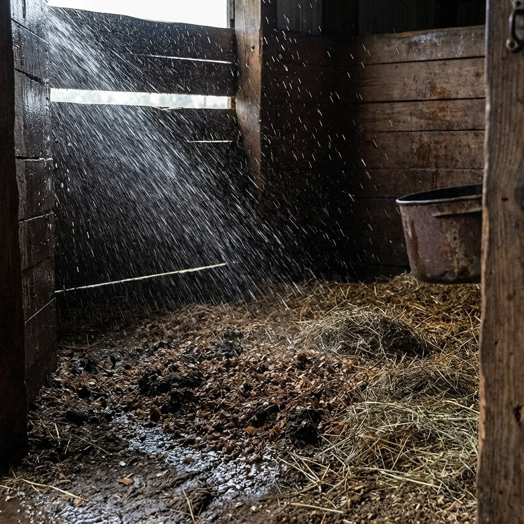 hyperrealistic product photography close-up view inside a horse stall, wind-driven rain entering at an acute angle soaking the front floor area, wet shavings and hay, water droplets frozen in mid-air, dark moody atmosphere, detailed texture of wet ground, 16:9 aspect ratio, no text, no letters --ar 16:9 --style raw --v 6.0