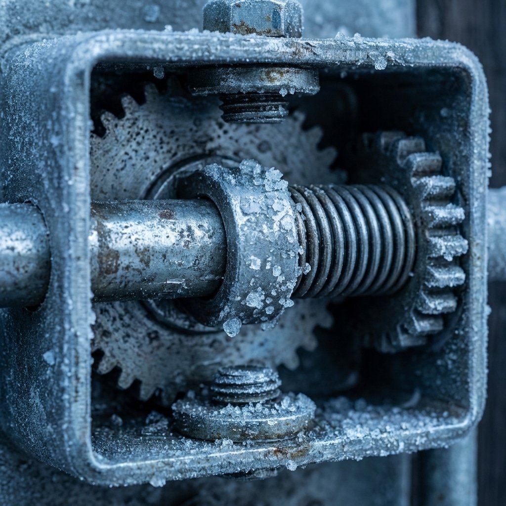 hyperrealistic product photography, macro shot inside the housing of a horse stall latch, ice crystals forming between the bolt and casing, frozen spring mechanism, cold stable environment, technical detail, metallic sheen, no text, no english characters --ar 16:9