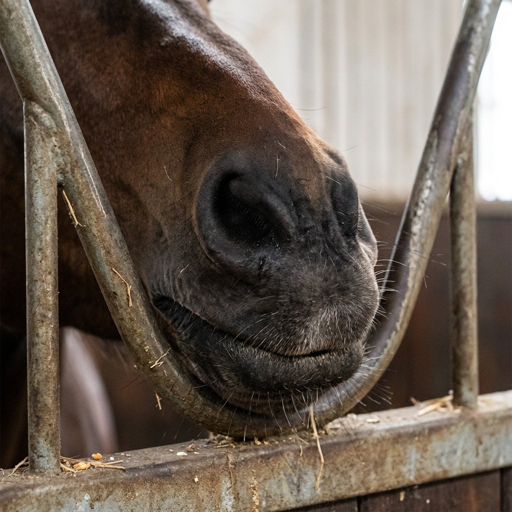 A close-up of a horse eating hay from a galvanized steel hay rack, showcasing the durable and practical design of stable equipment.