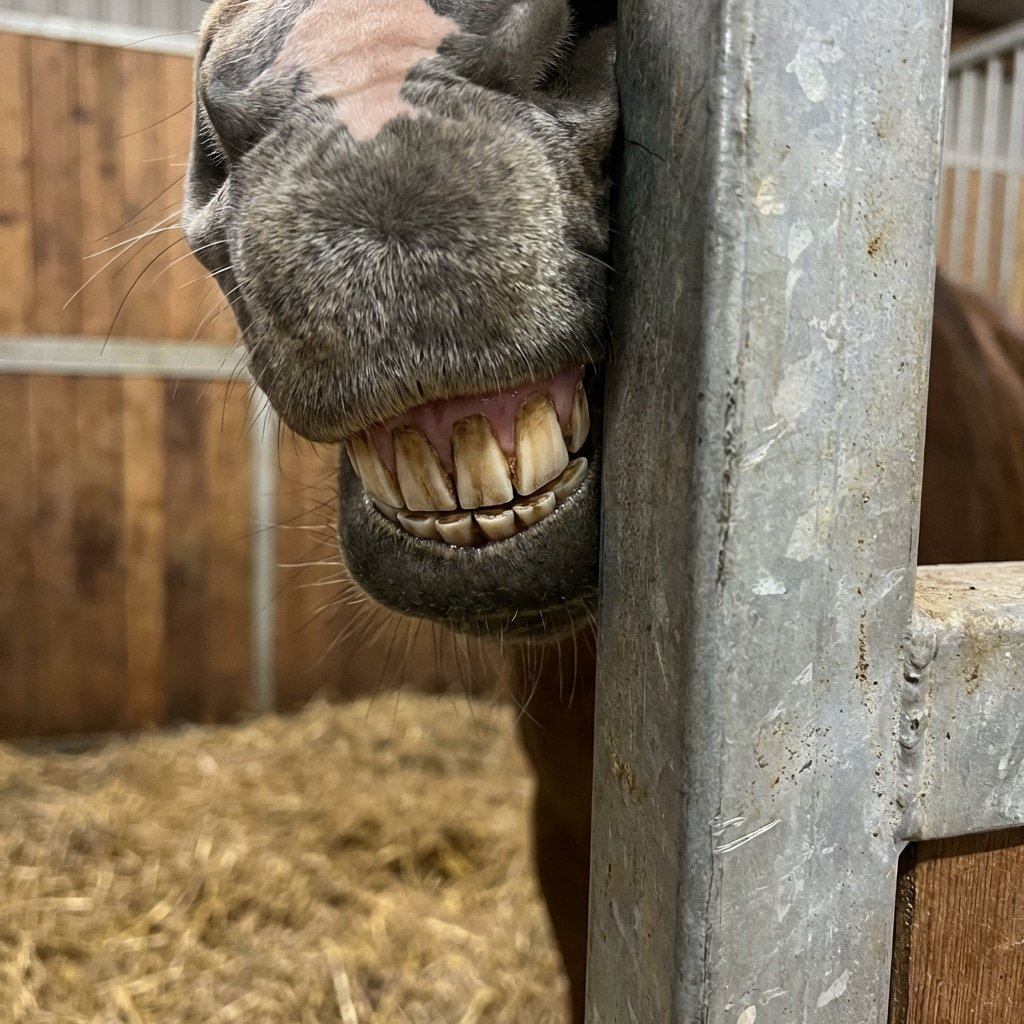 macro photography of horse incisors pressing against a thick galvanized steel edge of a stable door, showing no deformation on the metal, industrial lighting, sharp focus on the bite pressure point, horse stall environment, no text, no words, --ar 16:9 --style raw --v 6.0