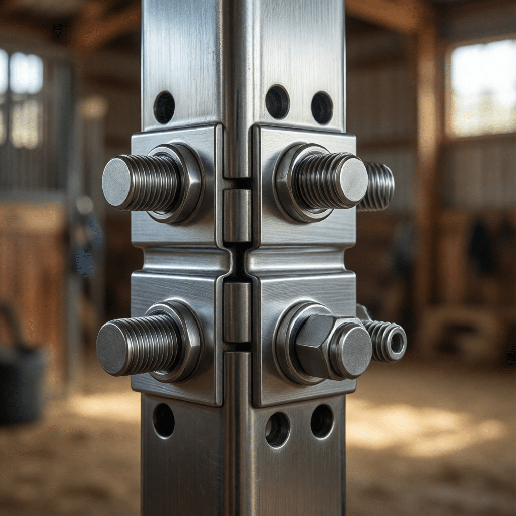 Hyperrealistic product photography close-up of modular horse stall connector mechanism, stainless steel bolts and galvanized pins locking two steel panels together, no welding marks, pristine metal surface, macro shot showing engineering precision, soft studio lighting highlighting the metal grain, background blurred barn interior, technical detail focus, 16:9 aspect ratio, no signage, no text --ar 16:9
