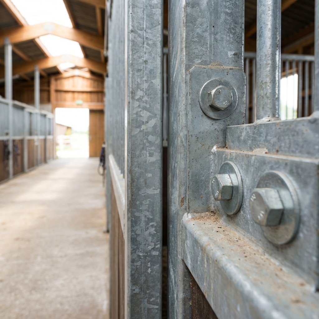 Hyperrealistic product photography of modular horse stall partition panel, close-up on hot-dip galvanized steel surface and bolt connections, blurred horse stable aisle background, industrial detail, no text, no characters --ar 16:9 --no text