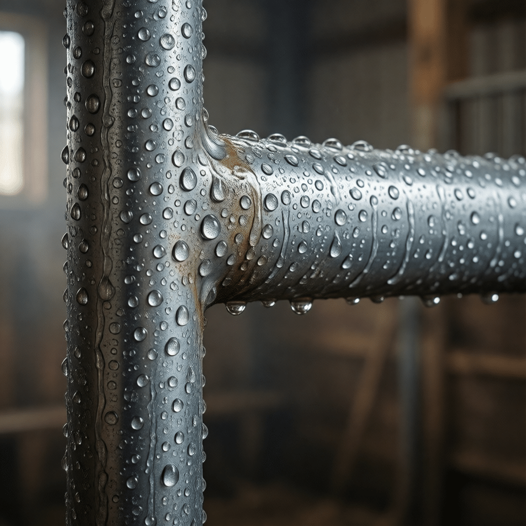 Hyperrealistic close-up of galvanized horse stall steel frame, water beads on zinc surface, humid stable air, corrosion resistant, metallic texture, 16:9 aspect ratio, no text, no signage --ar 16:9 --style raw --v 6.0