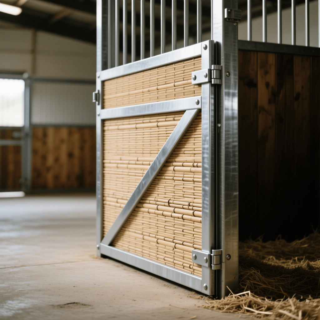 A close-up view of a galvanized steel stable gate featuring a bamboo panel design, set within a horse stall environment with hay on the floor.