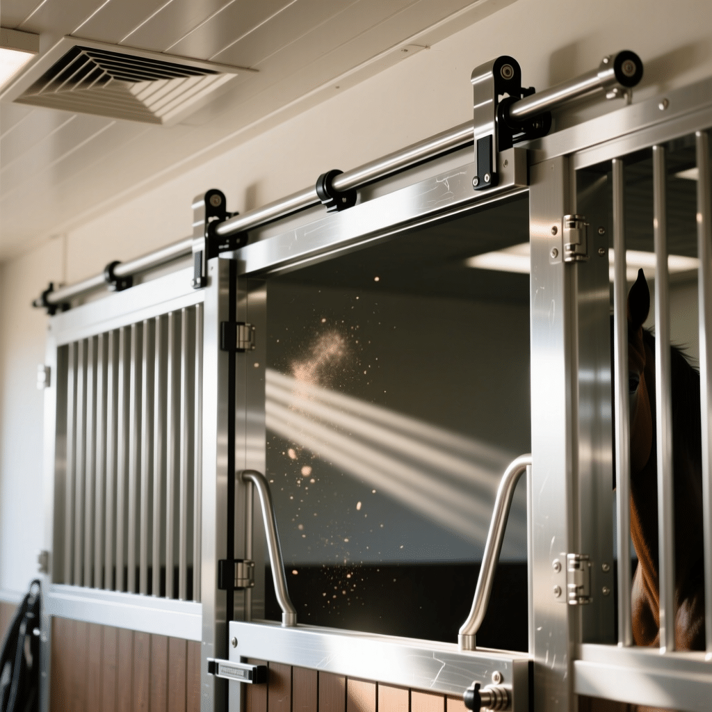 A close-up view of a modern horse stable featuring sleek, galvanized steel stall doors with sliding mechanisms. Sunlight streams through the glass panel, highlighting the clean and durable design of the equipment.