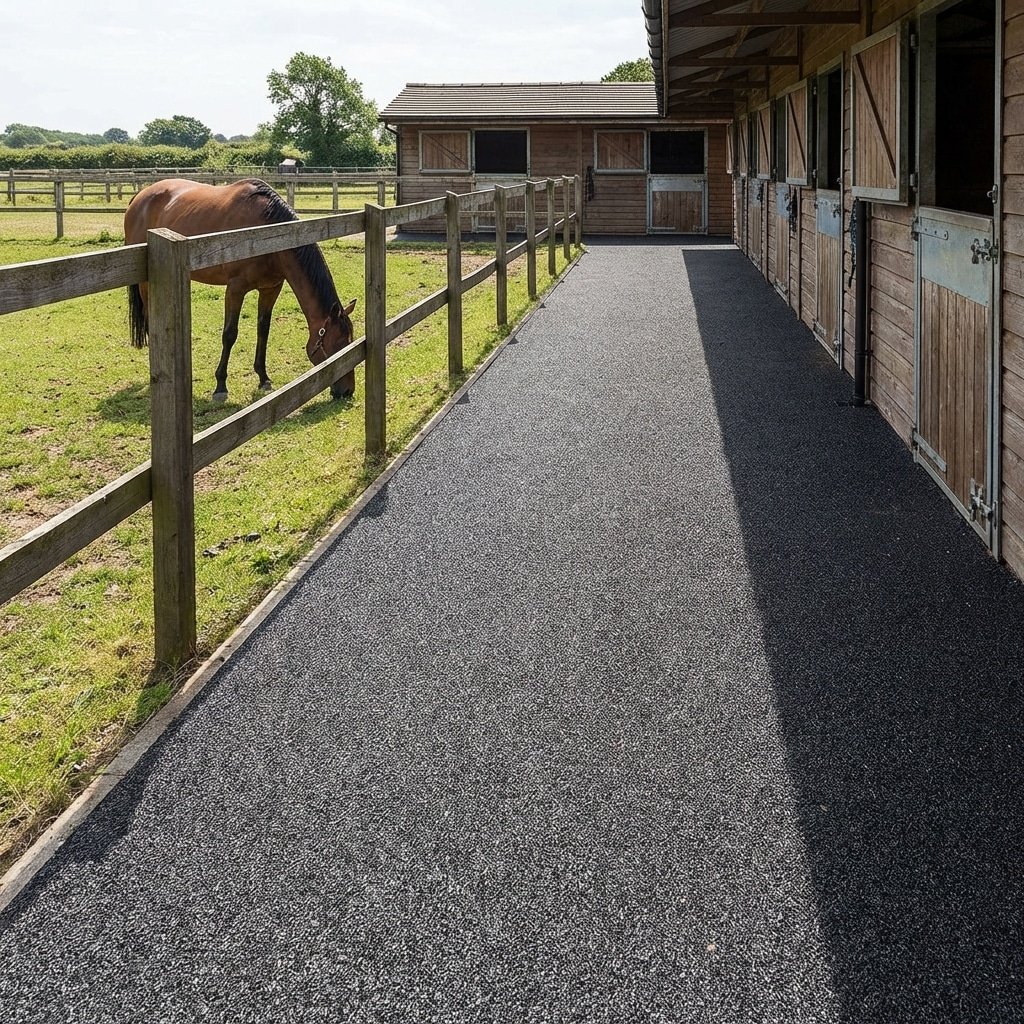 hyperrealistic product photography of accessible outdoor pathways leading to horse stalls, firm slip-resistant surfacing, 36-inch continuous width path, gentle slope ramp, surrounded by wooden fencing, a horse grazing nearby, bright daylight, detailed texture of ground surface, stable infrastructure in background, 16:9 aspect ratio, no text, no letters, no signage --ar 16:9 --style raw --v 6.0