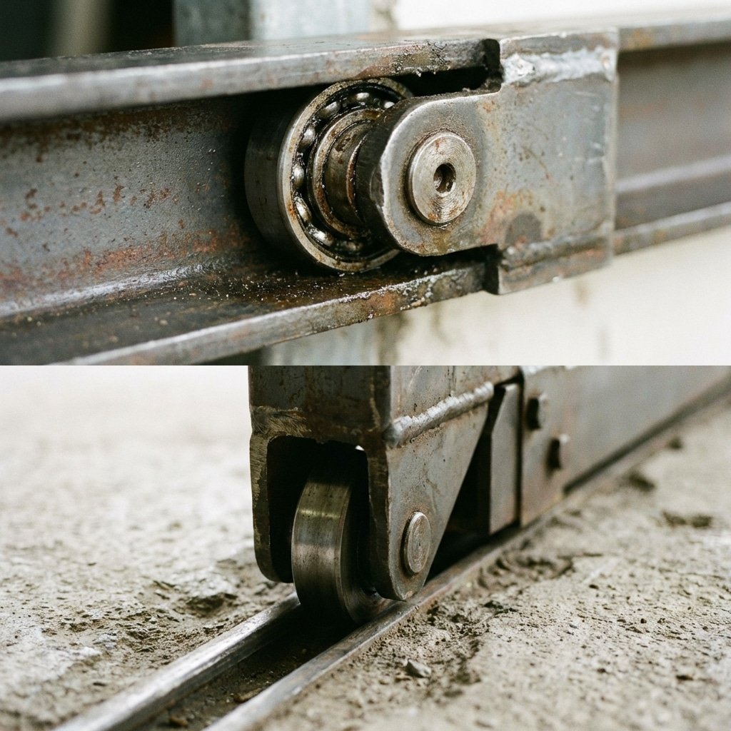 Detailed macro photography of a sliding horse stall door mechanism inside a horse stable, top track versus bottom edge, showing the pivot point geometry, industrial steel texture, concrete floor background, shallow depth of field, no text, no signage, mechanical engineering visualization --ar 16:9 --style raw