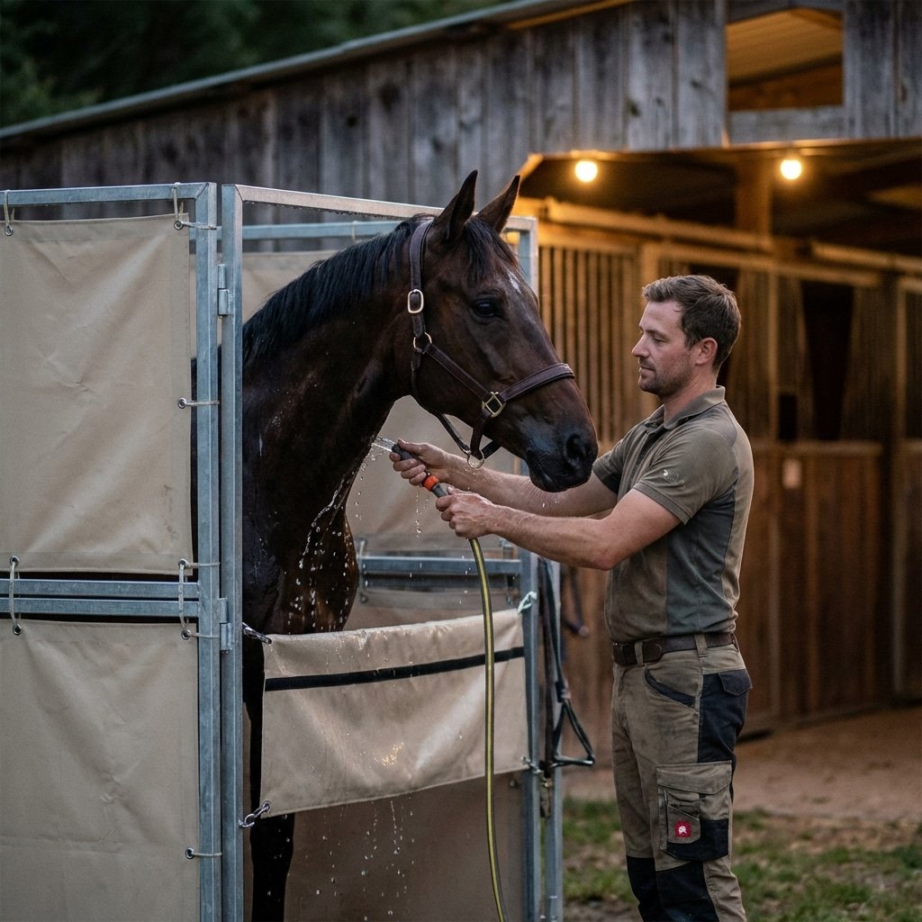 Hyperrealistic product photography of a groom bathing a horse next to a temporary horse stall, twilight, water droplets, detailed horse stable structure in background, emotional connection, soft lighting, no text, no letters, no typography --ar 16:9 --style raw --v 6.0