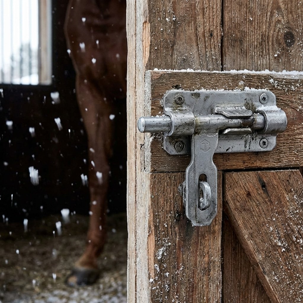 hyperrealistic product photography, robust Q345B steel horse stall latch, strong industrial metal texture, a horse leg visible in the background inside the stable, snow falling outside, durable hardware, impact resistance concept, no text, no english characters --ar 16:9