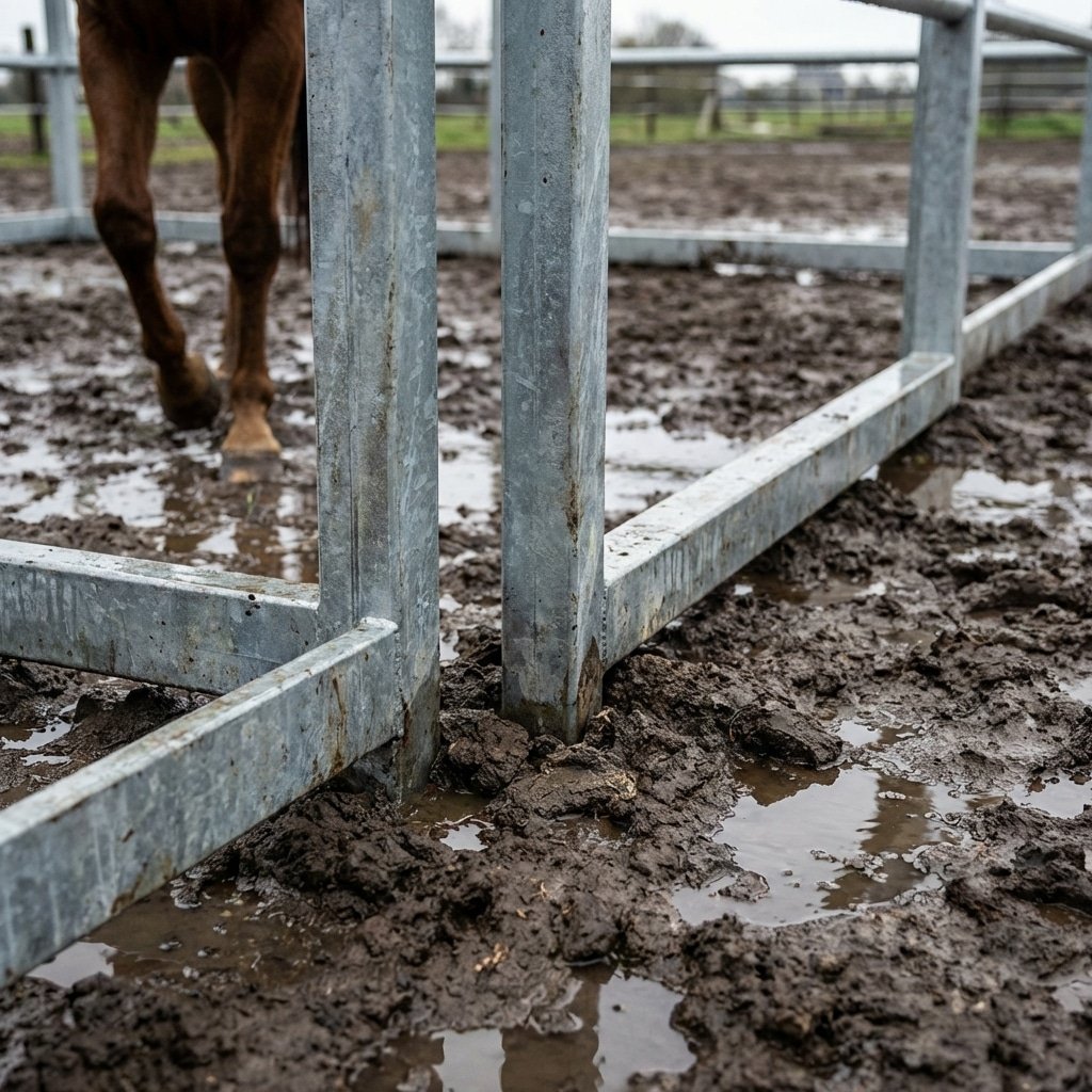 Hyperrealistic product photography low angle shot of horse stall base foundation, saturated muddy ground surrounding the structure, galvanized steel posts resisting rust and water, water pooling on ground but not damaging structure, realistic mud texture, horse legs visible nearby, 16:9 aspect ratio, no text --ar 16:9 --no text