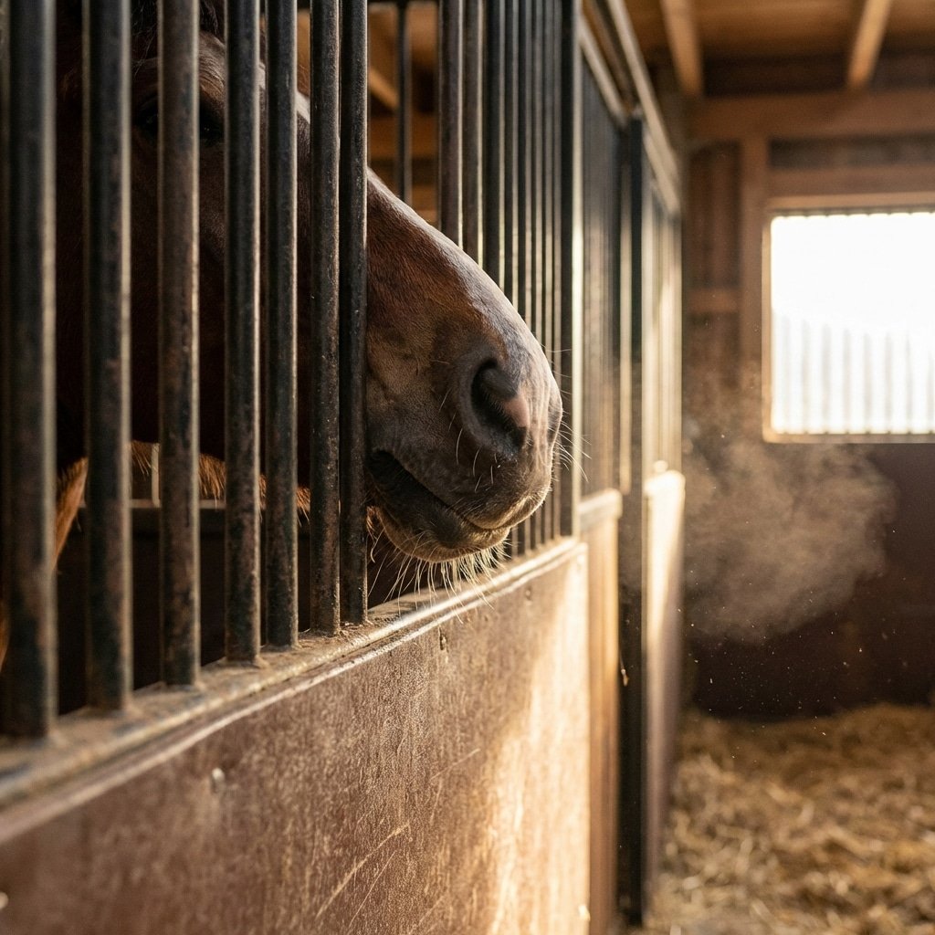 Close-up macro shot of a horse stall front open grill design, 50mm intake gaps visible, a horse's nose near the opening breathing fresh air, detailed metal texture and HDPE panels, cinematic lighting, horse stable environment, 16:9 aspect ratio, --no text --ar 16:9 --v 6.0