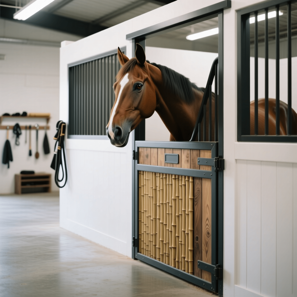 A brown horse with a white stripe on its face peeks out from a stylish stable stall featuring bamboo-patterned doors and black metal framing, set in a clean, well-lit stable interior.