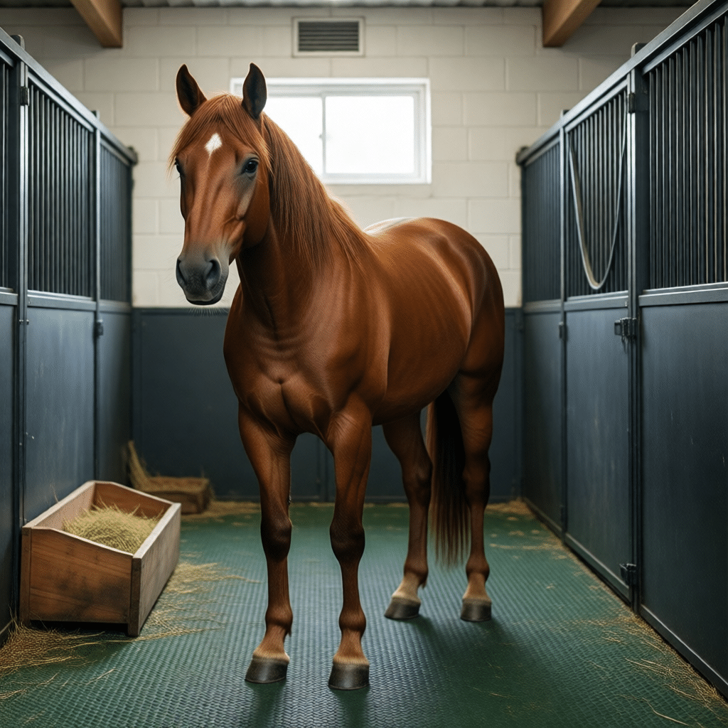 Horse Stall with Feed Rack – Stable Equipment A chestnut horse stands in a clean stable stall equipped with a wooden hay feeder filled with hay, showcasing high-quality stable panels and flooring.