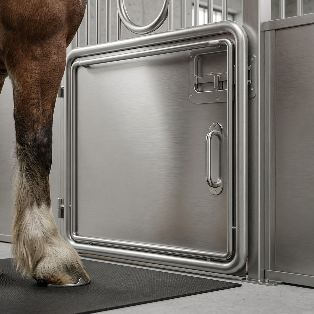 hyperrealistic product photography of a safe horse stall door design, flush-mounted hardware, minimal bottom gaps, heavy draft horse leg visible nearby, safety engineering focus, clean metallic surfaces, studio lighting, 16:9 aspect ratio, no text, no letters, horse stable safety features, secure enclosure --ar 16:9 --v 6.0 --style raw --no text