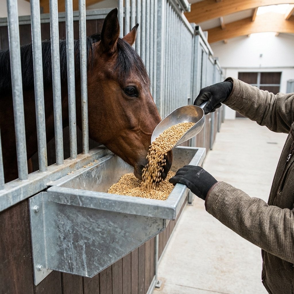 hyperrealistic product photography close-up of a handler pouring grain into a feeder from the aisle side, horse eating calmly inside the horse stall, emphasis on safety and separation, detailed texture of galvanized steel stall front, clean stable background, no text, no signage, no letters, --ar 16:9 --style raw --v 6.0