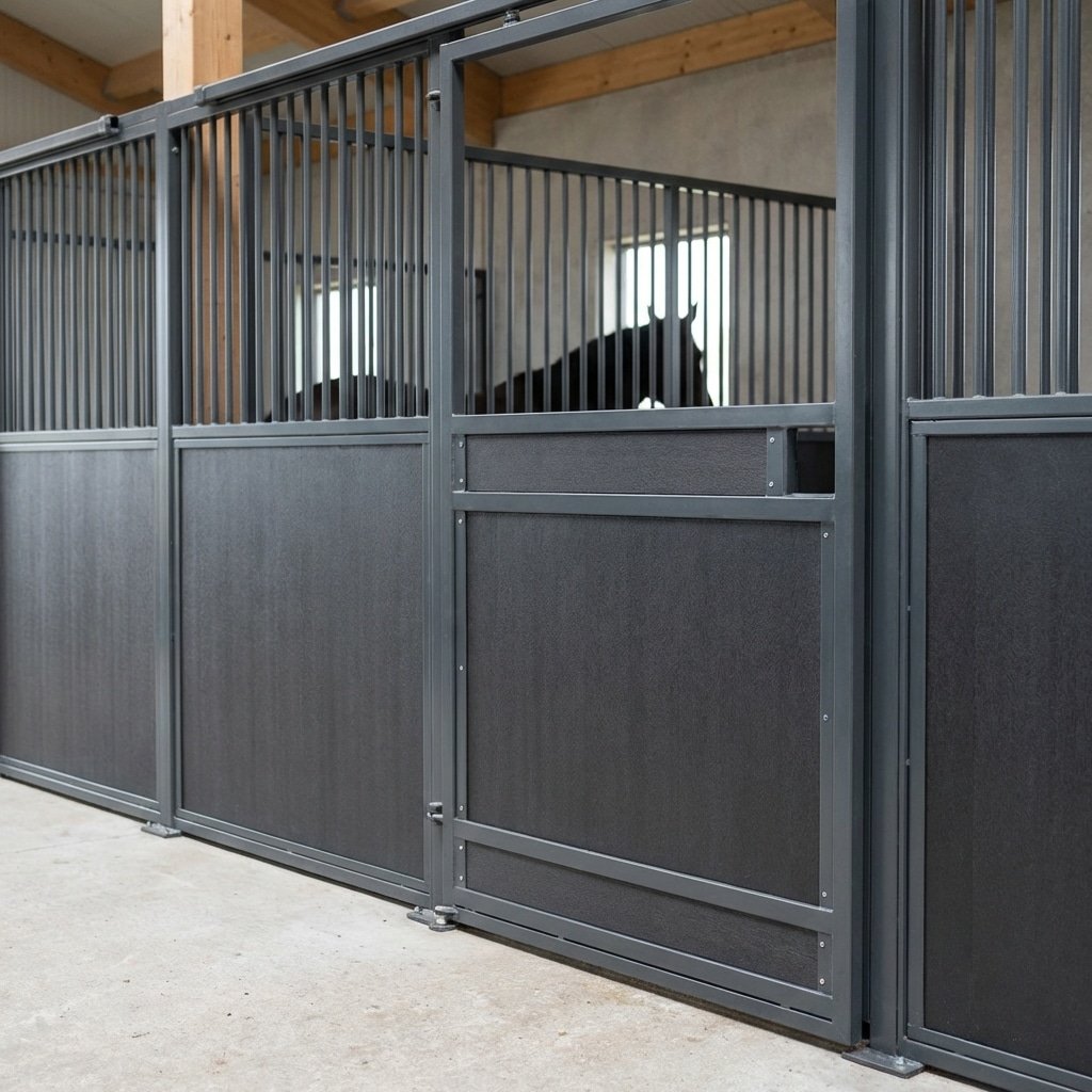 hyperrealistic product photography detail shot of a horse stall divider construction, solid lower section with shock-absorbing HDPE infill, smooth welds, part of a modern horse stable, horse silhouette in background, industrial precision, no text, no signage, no letters --ar 16:9 --style raw --v 6.0