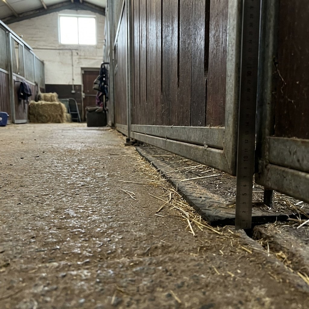 A close-up view of a stable floor with scattered hay, showcasing the base of galvanized steel stall panels and a ruler for scale, highlighting durable horse stable equipment.