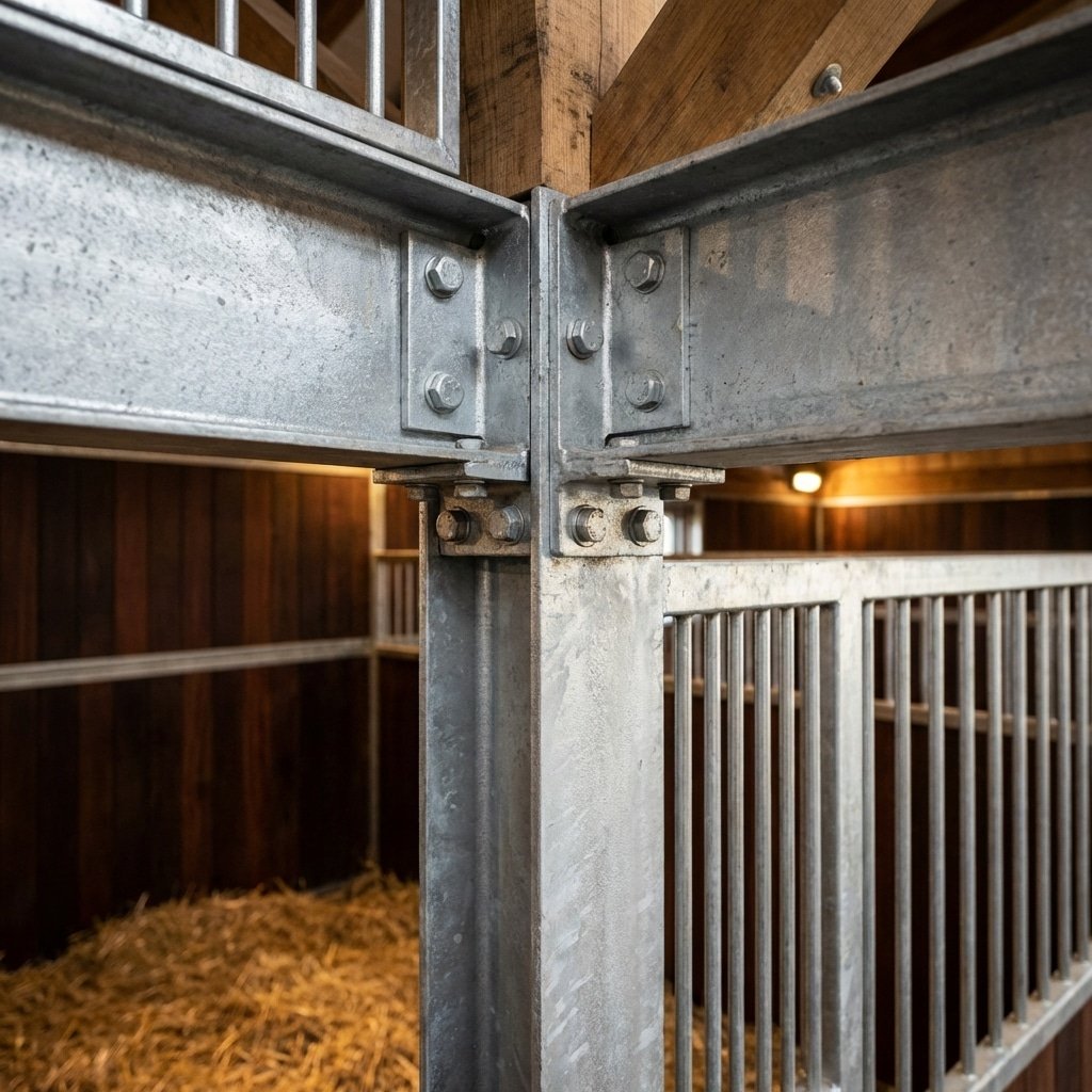 Close-up of galvanized steel horse stall frames with bolted connections, showcasing sturdy construction and a clean design for stable equipment.