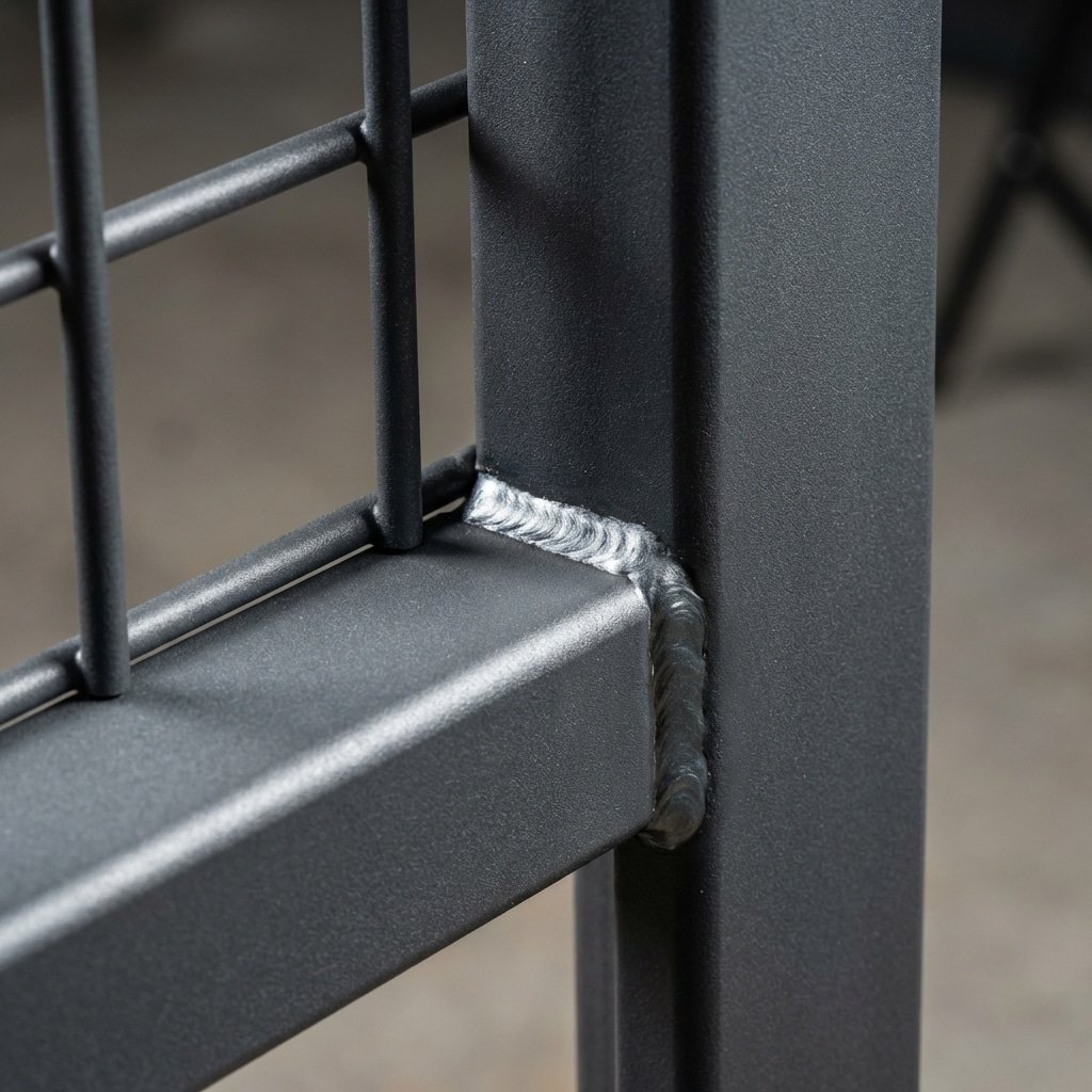 hyperrealistic product photography macro detail shot of a welded mesh horse stall panel joint, Q345B high strength steel texture, corrosion-resistant powder coating, ISO-standard weld bead, industrial elegance, studio lighting highlighting metal strength, no deformation, no text signage --ar 16:9 --no text, signage, letters, words