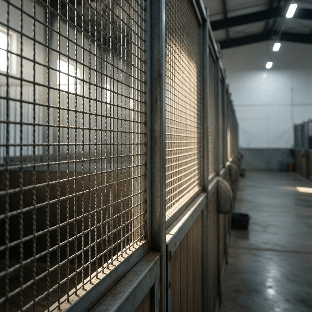 A row of galvanized steel horse stalls with wire mesh panels, set in a well-lit stable interior featuring concrete flooring and overhead lighting.