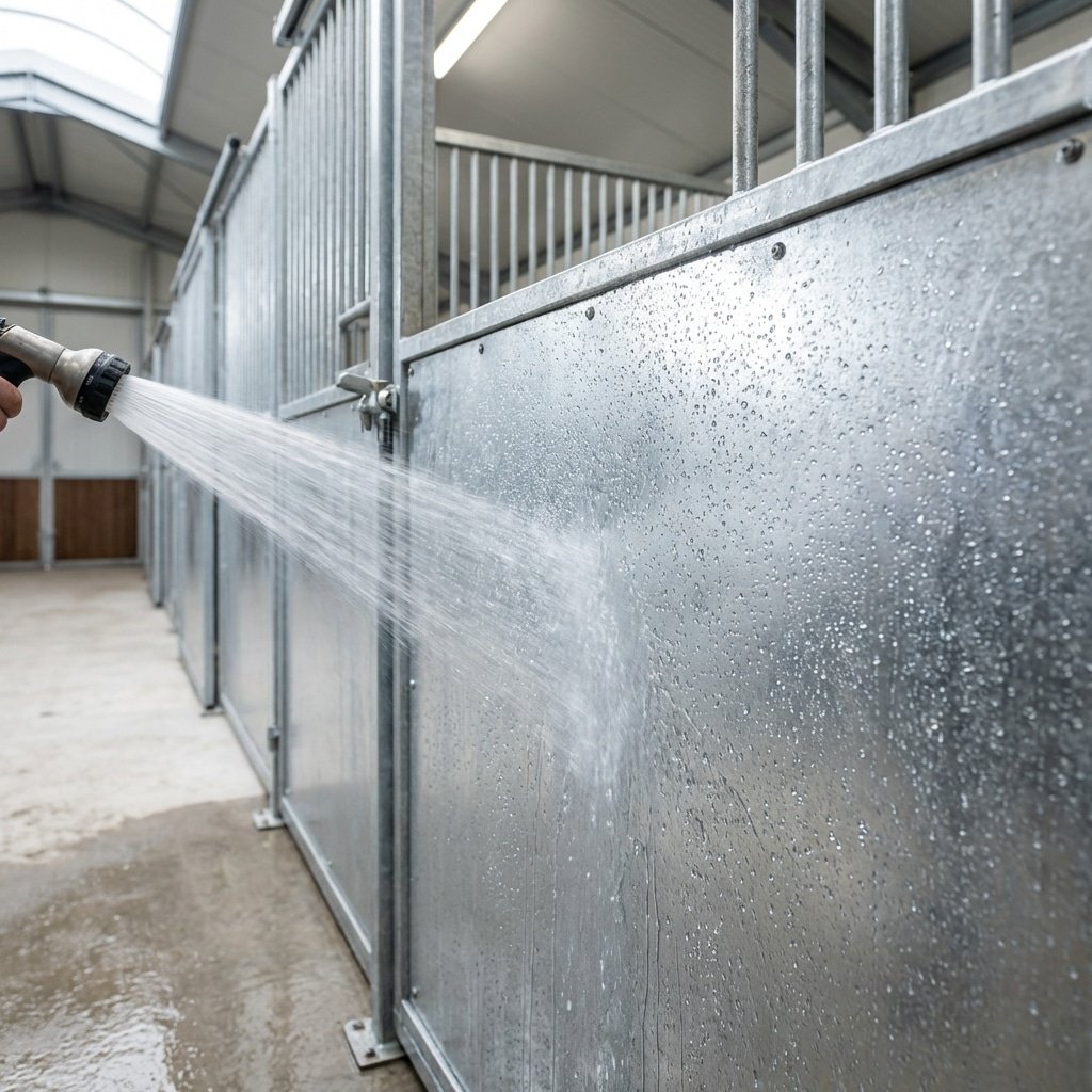 hyperrealistic product photography of horse stall front being washed down, water spray hitting hot-dip galvanized steel, hygienic stable environment, moisture beading on metal surface, bright professional lighting, horse stall structure visible, 8k resolution, no text, no signage, no letters --ar 16:9 --style raw