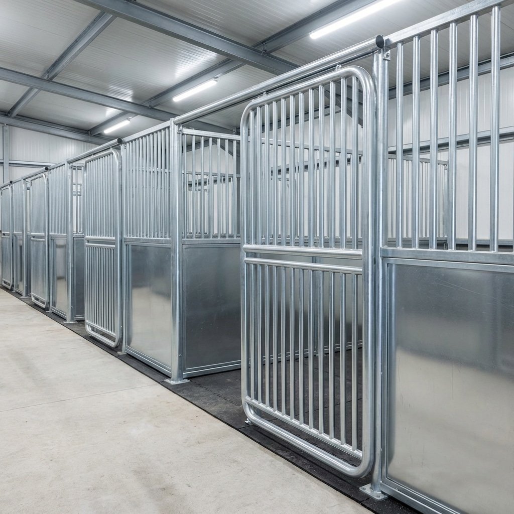 hyperrealistic product photography, pristine hot-dip galvanized horse stalls interior, shiny smooth zinc coating on steel bars, no sharp edges, clean professional equestrian facility lighting, reflection on metal surface, high quality horse stable finish --ar 16:9 --no text, letters, words, signage