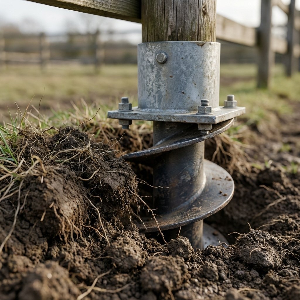 Close-up of a weathered wooden fence post secured by a galvanized metal anchor sleeve with a bolted flange plate and spiral auger blade, disturbed soil piled around the base