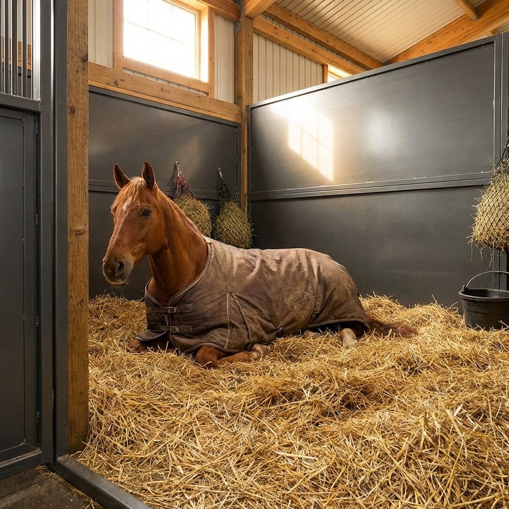 hyperrealistic product photography inside a horse stable stall, low angle shot showing a horse lying down comfortably with ample space around it, emphasizing the safety of the 12x12 dimension, sturdy 14-gauge steel walls surrounding, soft straw bedding, warm natural lighting, horse stalls structure, no text, no signage, 16:9 aspect ratio --ar 16:9 --stylize 250 --v 6.0