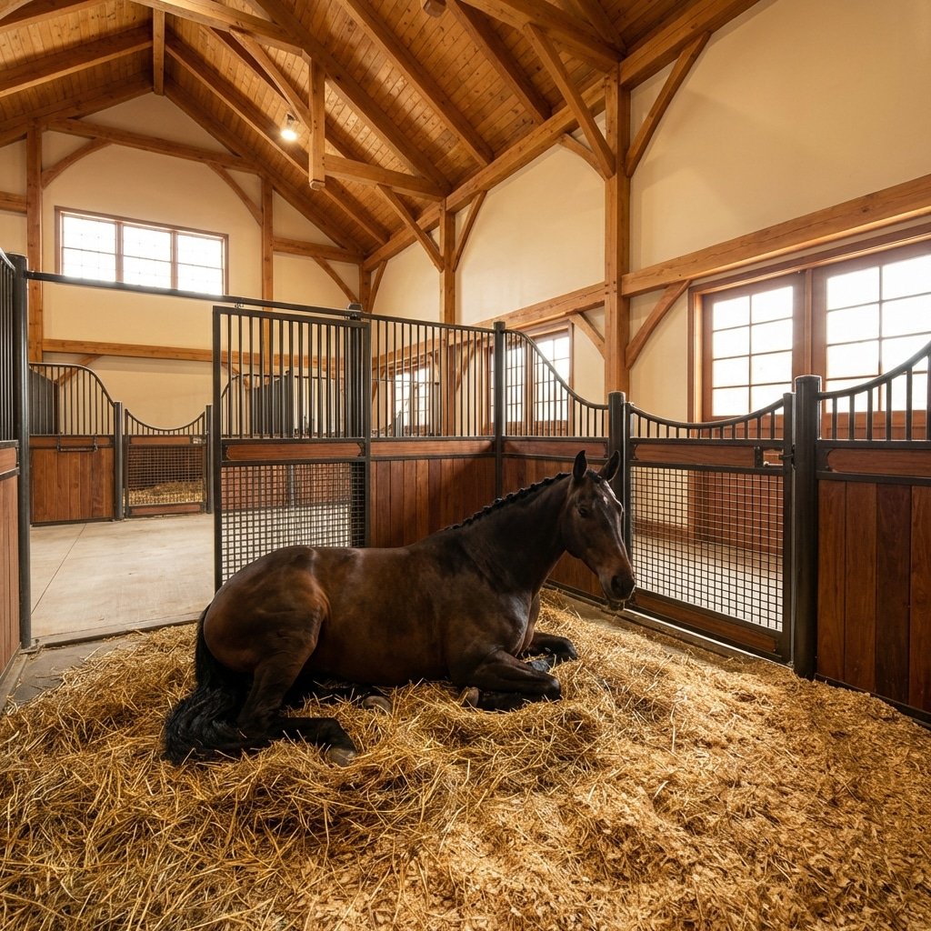 hyperrealistic product photography of a wide angle view inside a luxury horse stable, a Warmblood horse lying down comfortably on deep bedding within a 12x12 horse stall, high ceilings, heavy-duty mesh walls, sense of space and safety, cinematic lighting, 16:9 aspect ratio, no text, no signage, no letters --ar 16:9 --style raw --v 6.0