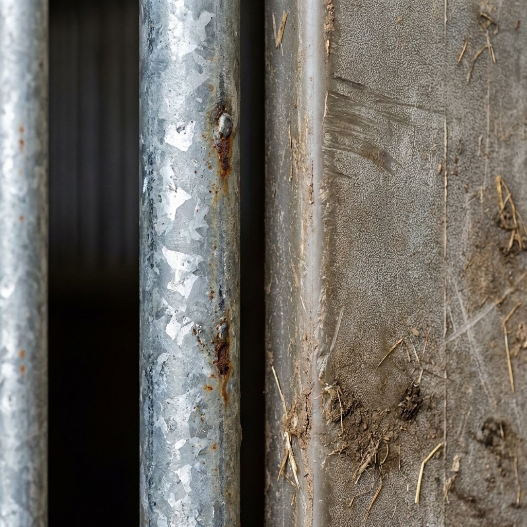 超写实产品摄影,马厩材料微距,十四号钢格栅条热浸镀锌纹理,二十八毫米高密度聚乙烯固体面板表面,工业质量细节 --ar 16:9