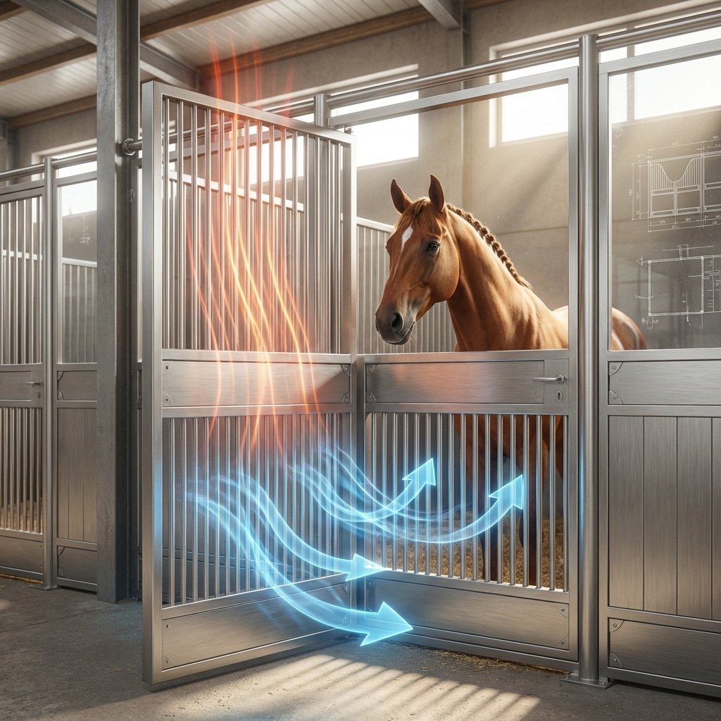 Hyperrealistic product photography of a horse stall front featuring open grill profiles, visual airflow lines moving vertically from bottom to top, cool blue air entering below and warm air escaping above, a calm horse standing inside, stainless steel metalwork, bright natural lighting, engineering detail, 16:9 aspect ratio --no text --ar 16:9 --style raw --v 6.0
