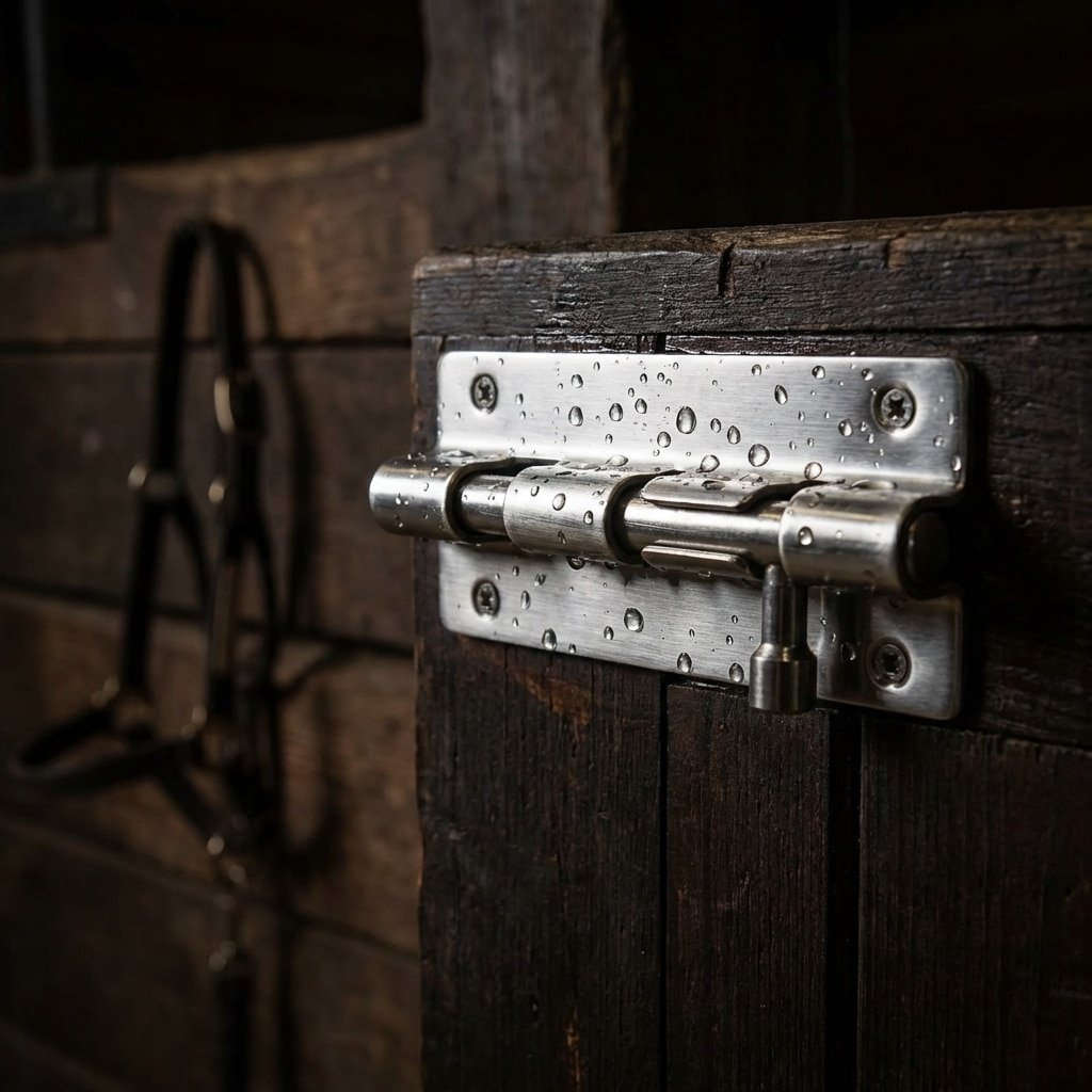 Macro hyperrealistic product photography of 304 stainless steel latch hardware on a horse stall feed door, water droplets on metal surface showing corrosion resistance, shiny metallic texture, dark stable background --ar 16:9 --no text