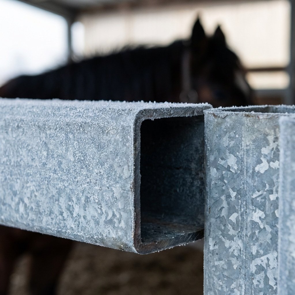 Hyperrealistic product photography close-up of horse stall steel framework, Q345B steel texture, hot-dip galvanized coating detail, thick metal walls, frost on outside but solid structure inside, a horse partially visible in background, macro detail shot, industrial elegance, metal strength, no text, no signage, no letters, no words --ar 16:9 --style raw --v 6.0