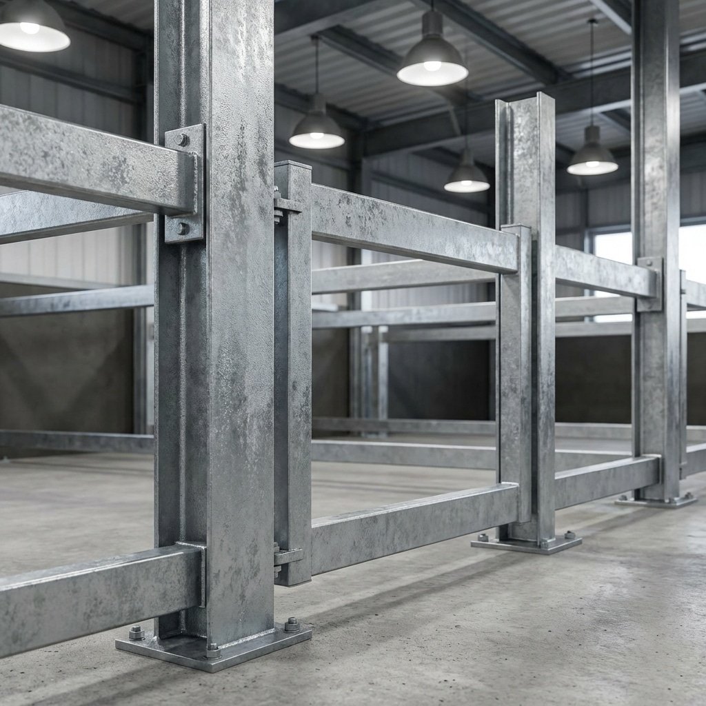 Hyperrealistic product photography of heavy-duty structural steel horse stall framework, Q235B steel posts with hot-dip galvanized texture, rigid mounting profiles, zero flex structure, interior of a professional horse stable, sharp focus on metal texture, clean surfaces without any signage or letters, 16:9 aspect ratio --ar 16:9 --style raw --no text
