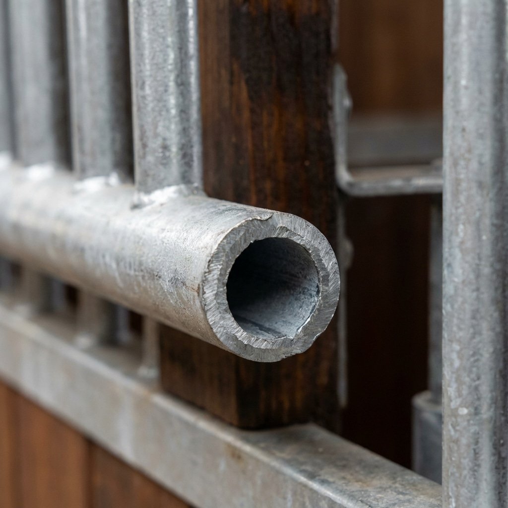 Close-up of galvanized steel stable equipment, showcasing a sturdy metal tube with a clean cut end, highlighting the quality and durability of horse stall components.