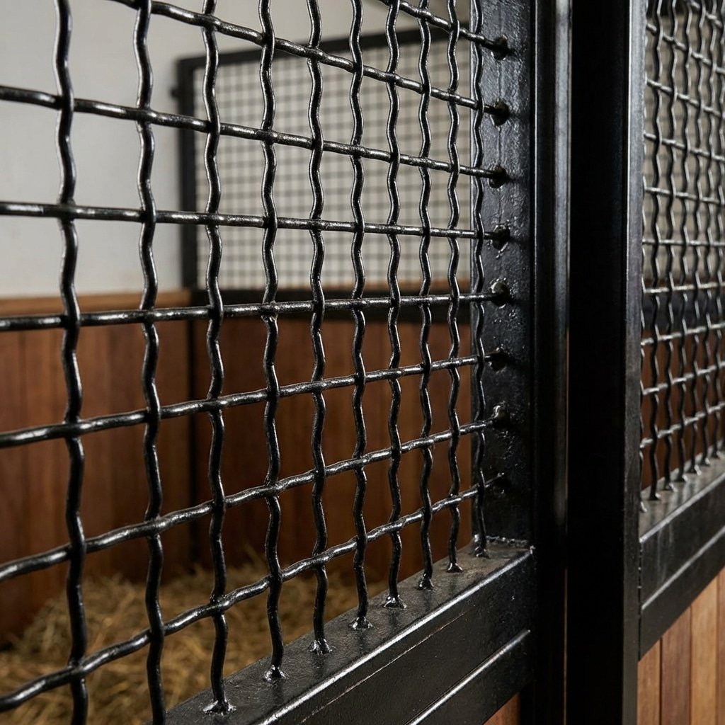 A close-up view of galvanized steel stable panels with a wavy wire mesh design, used for horse stalls in a barn setting.