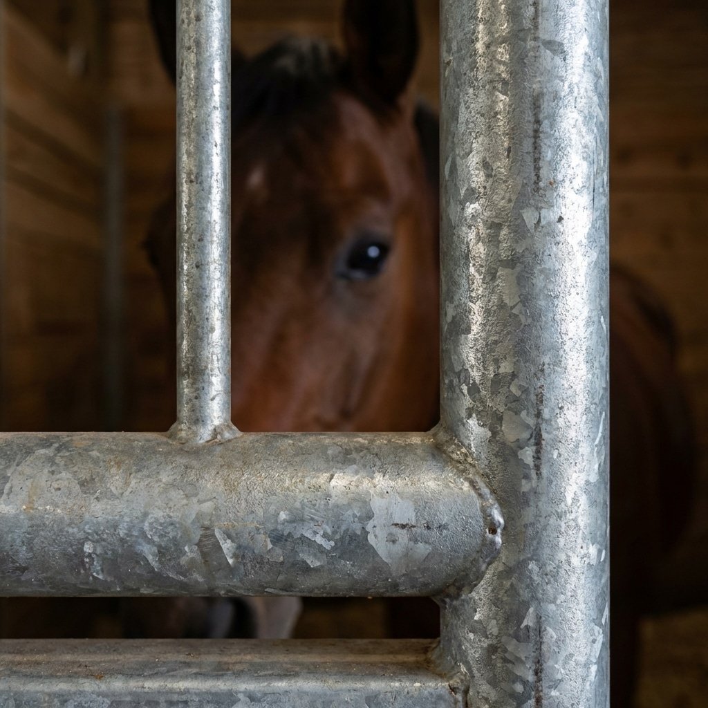 hyperrealistic product photography macro shot of thick 2.0mm structural steel tubing of a horse stall, showing the zinc spangle pattern of hot-dip galvanization, horse eye visible in blurred background inside the stable, industrial quality finish, no text, no letters, no signage --ar 16:9 --stylize 250 --v 6.0