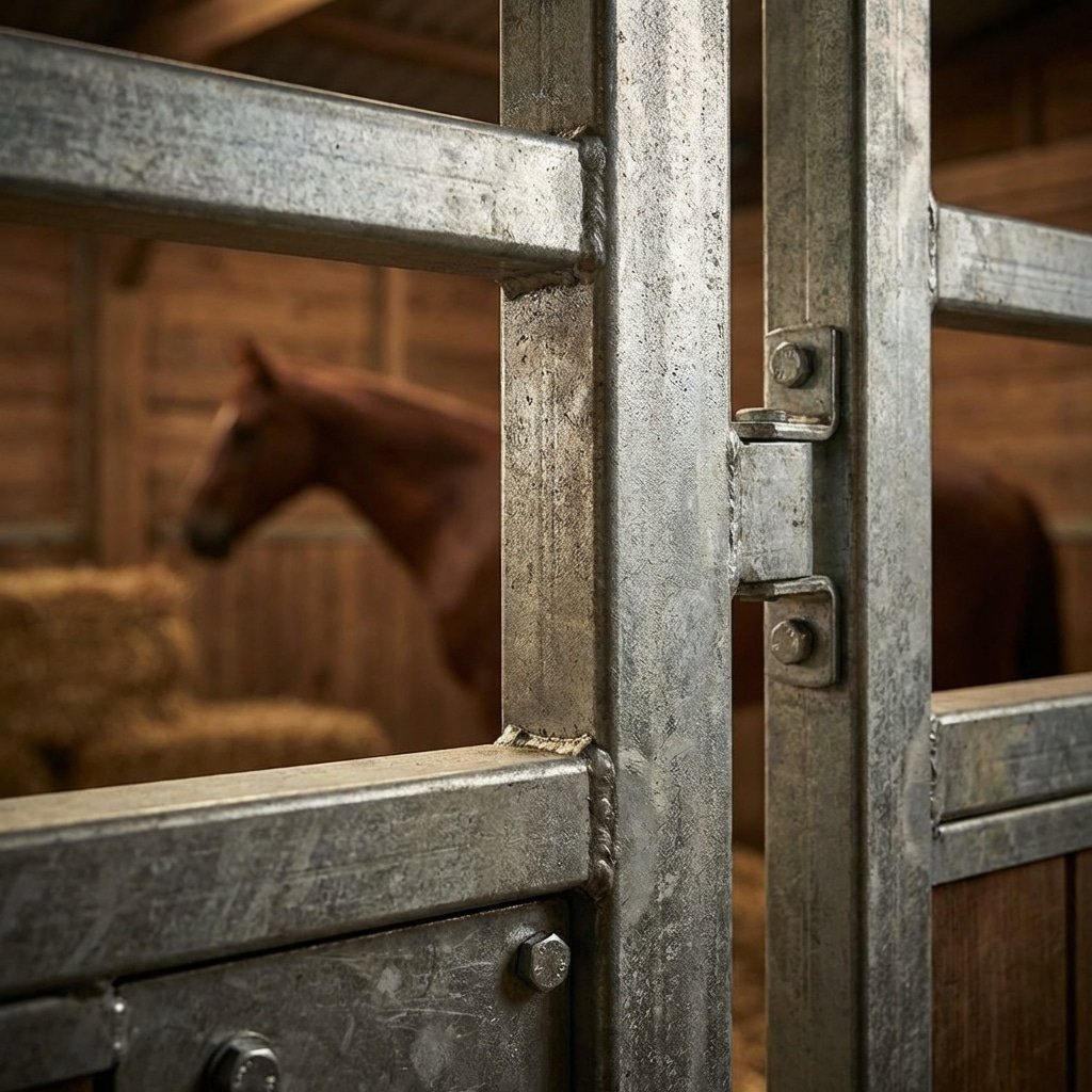Hyperrealistic close-up product photography of a robust galvanized steel horse stall frame joint, showing the thickness of the Q235B steel, industrial texture, stable environment background with blurred horse in distance, cinematic lighting highlighting the metal grain, no text, no labels, 16:9 aspect ratio --ar 16:9 --style raw --v 6.0