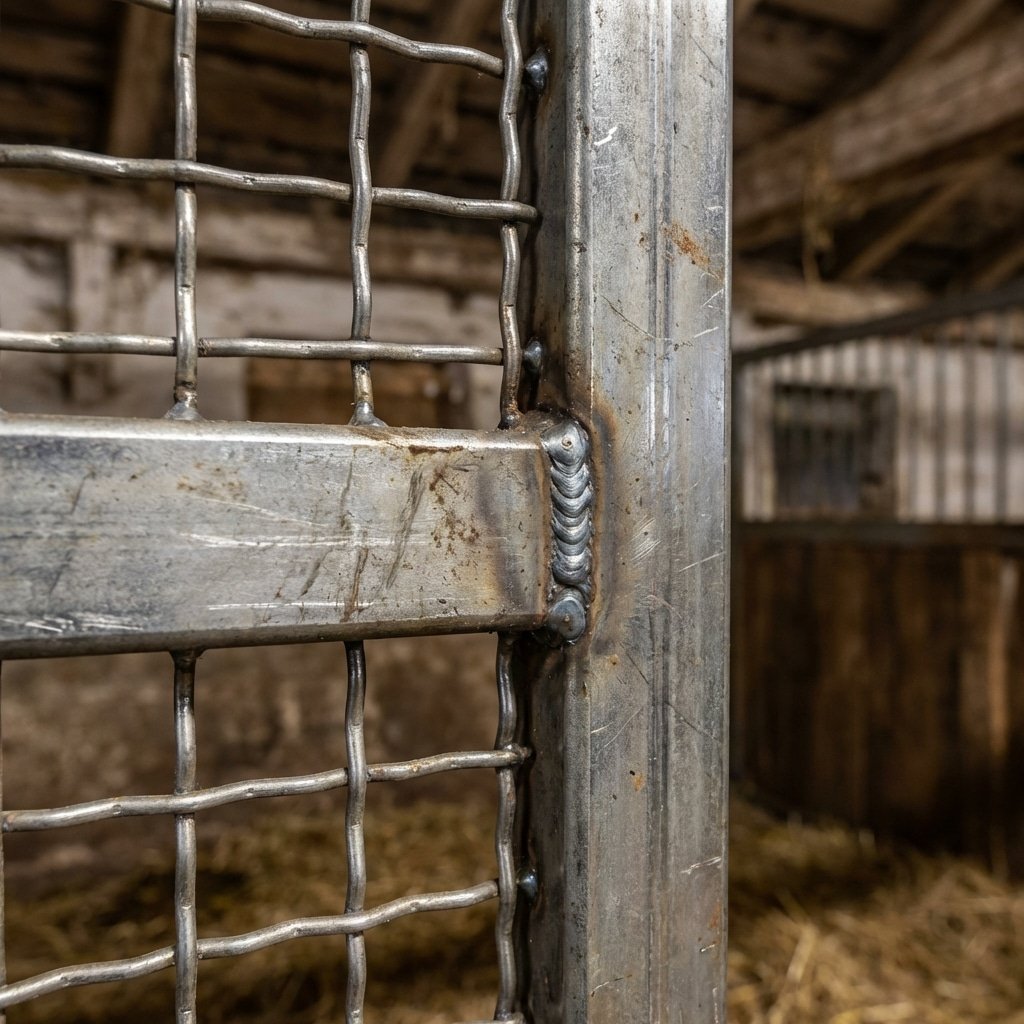 Close-up view of a galvanized steel stable panel with wire mesh, showcasing durable construction and welding details, ideal for horse stalls and related stable equipment.
