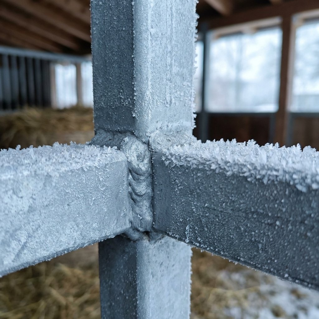 Frost-covered galvanized steel stable structure in deep-freeze conditions