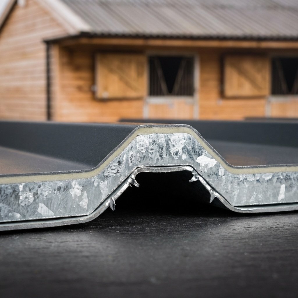 Close-up of a galvanized steel roofing panel with a corrugated design, showcasing its durable construction for horse stable equipment.