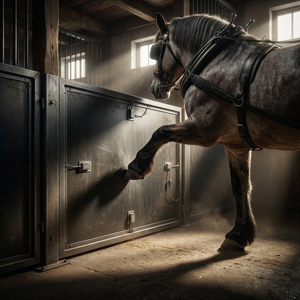 A powerful horse in a stable, wearing harness and rearing up against a metal stall door, showcasing the robust design of galvanized steel stable panels.