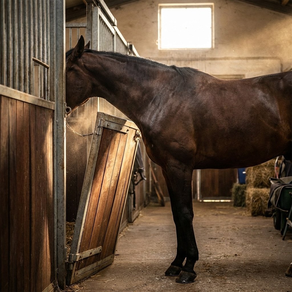Hyperrealistic product photography of a powerful horse leaning laterally against a sliding horse stall door frame, demonstrating force impact, dynamic lighting highlighting tension on the door structure, stable interior background, 16:9 aspect ratio, no text --ar 16:9