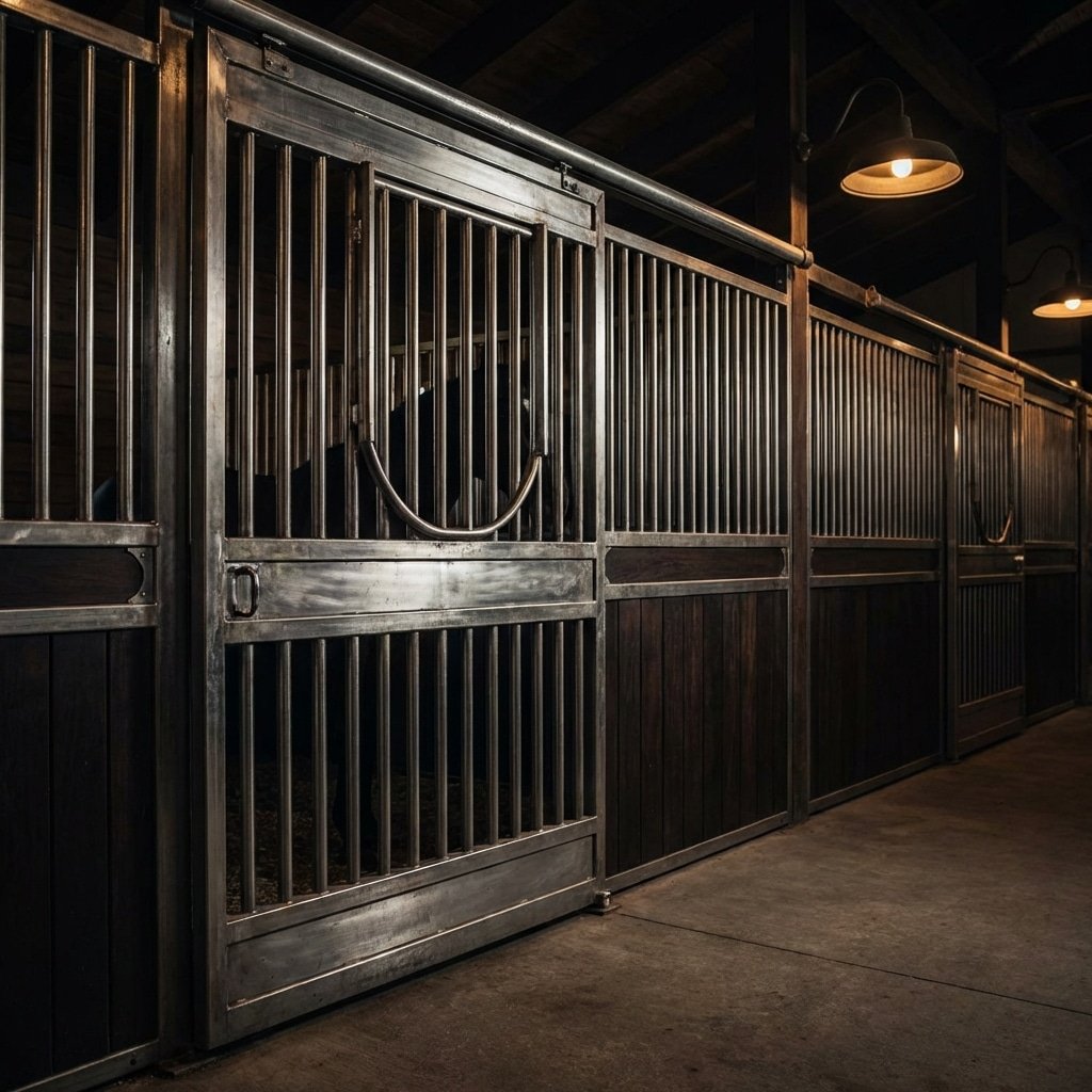 A row of galvanized steel horse stalls with vertical bars and wooden panels, illuminated by warm overhead lights in a stable setting.