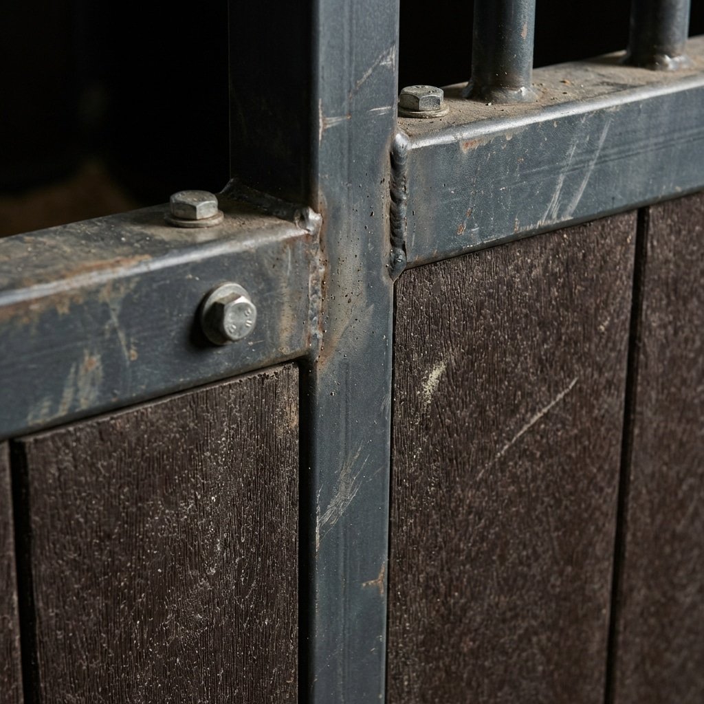 Hyperrealistic product photography close-up of horse stall wall structure, Q345B low alloy steel frame joints, 28mm HDPE impact-absorbing infill panels, macro detail of metallic surface and durable materials, industrial lighting, sharp focus on material texture, no text, no signage, no letters --ar 16:9