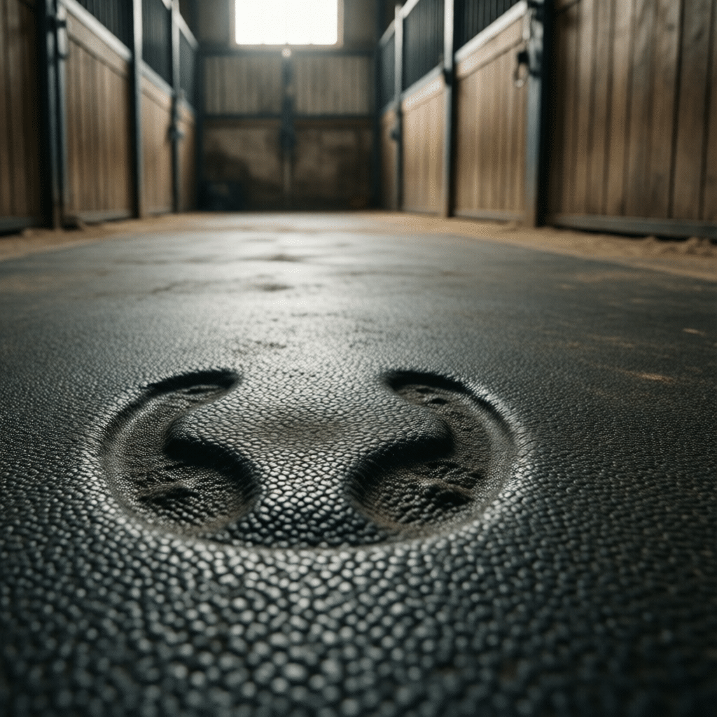 A close-up view of a textured horse stall floor with a distinct hoof print, set within a stable hallway featuring wooden and metal stall doors.
