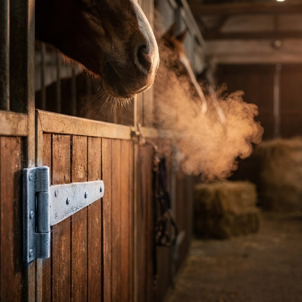 A close-up of a horse's head peeking out from a wooden stable stall, with warm light highlighting the texture of the wood and a cloud of dust or steam near its nose, showcasing the environment where DB Horse Stable's equipment is used.