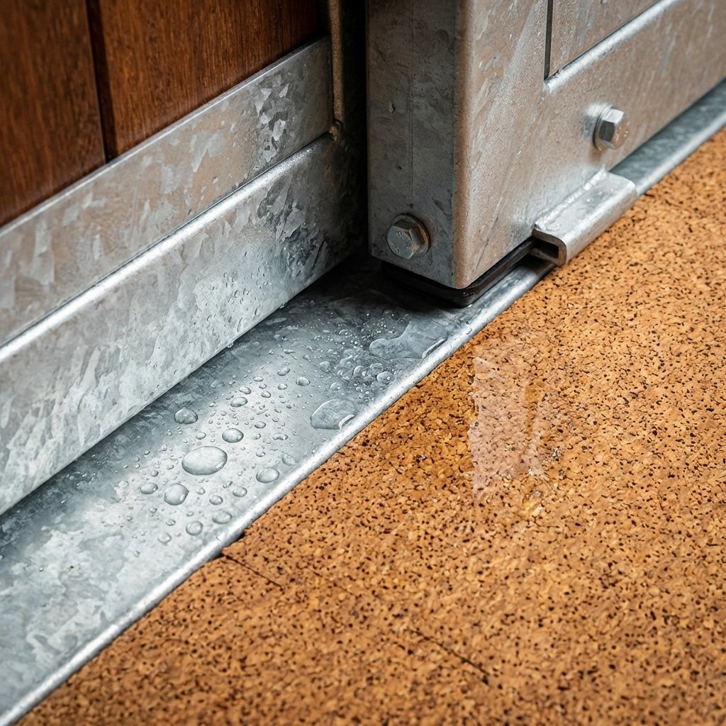 Close-up of galvanized steel stable equipment with water droplets on a cork floor, showcasing durability and quality for horse stalls and related products.