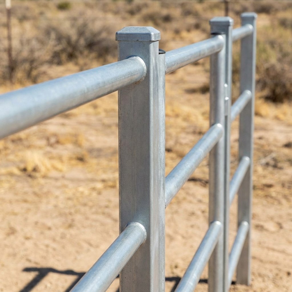 hyperrealistic product photography detail shot of horse stall structural posts, smooth surface without cracks or splits, galvanized steel framework, dry arid environment background, emphasizing structural integrity against heat, no wood grain splitting visible, 16:9 aspect ratio, no text, no letters, no signage --ar 16:9